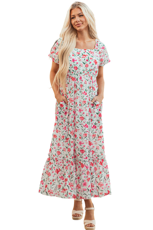 Puff Sleeve Square Neck Empire Waist Tiered Floral Dress