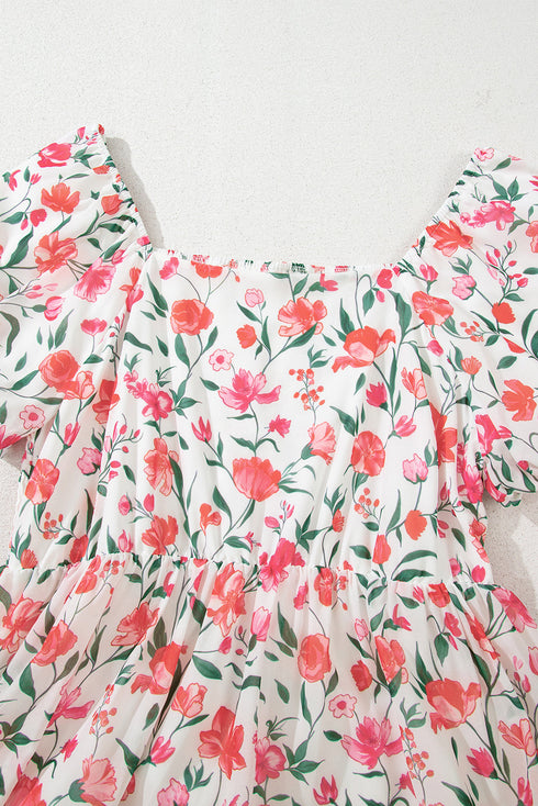 Puff Sleeve Square Neck Empire Waist Tiered Floral Dress