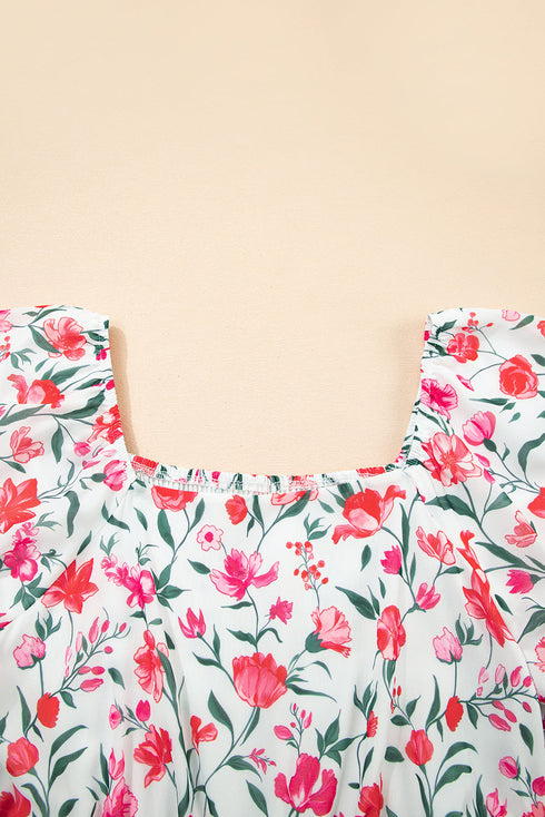 Puff Sleeve Square Neck Empire Waist Tiered Floral Dress