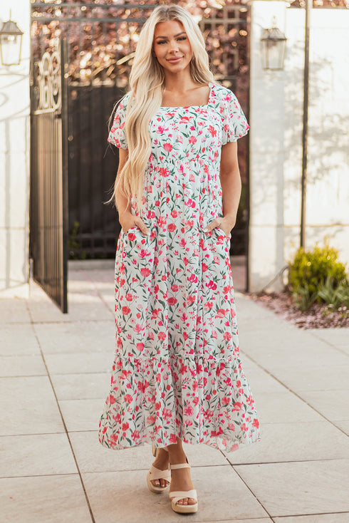 Puff Sleeve Square Neck Empire Waist Tiered Floral Dress