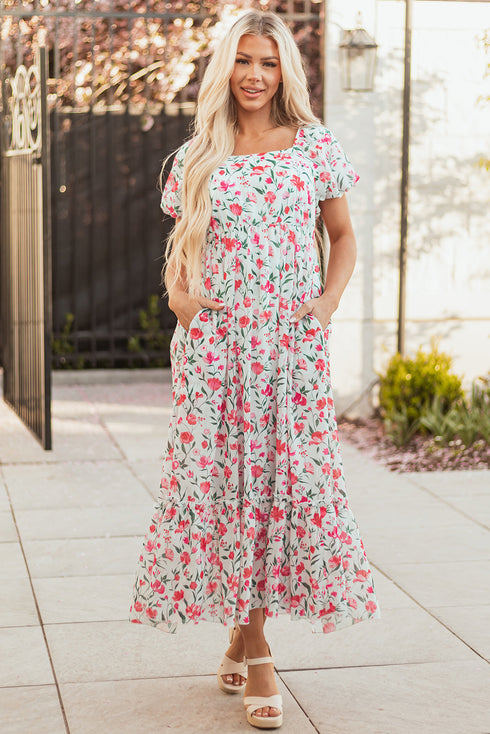Puff Sleeve Square Neck Empire Waist Tiered Floral Dress