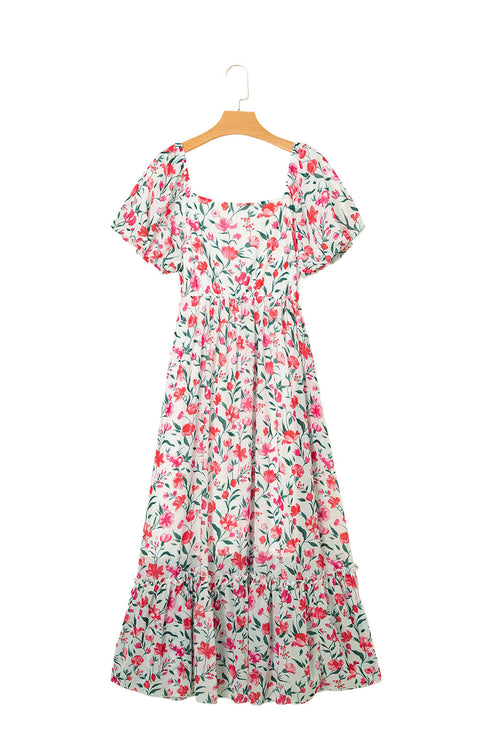 Puff Sleeve Square Neck Empire Waist Tiered Floral Dress