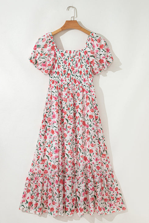Puff Sleeve Square Neck Empire Waist Tiered Floral Dress