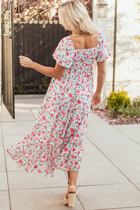 Puff Sleeve Square Neck Empire Waist Tiered Floral Dress