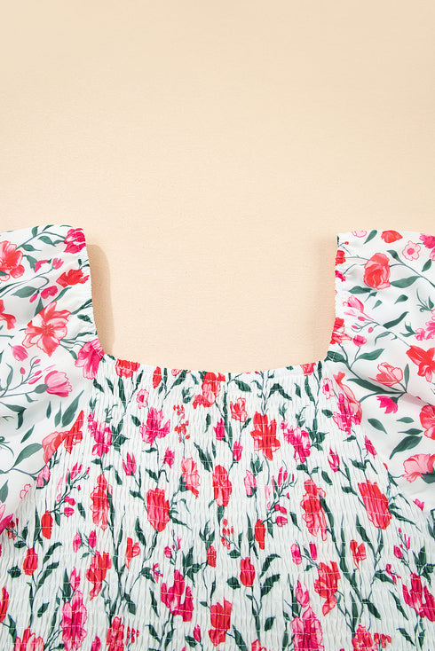 Puff Sleeve Square Neck Empire Waist Tiered Floral Dress