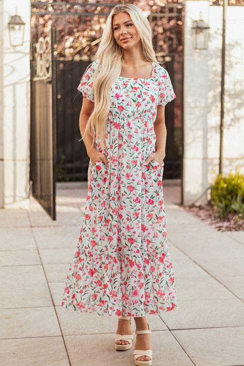 Puff Sleeve Square Neck Empire Waist Tiered Floral Dress