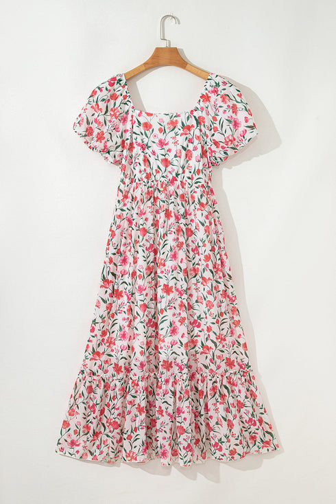 Puff Sleeve Square Neck Empire Waist Tiered Floral Dress