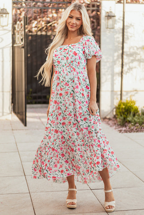 Puff Sleeve Square Neck Empire Waist Tiered Floral Dress