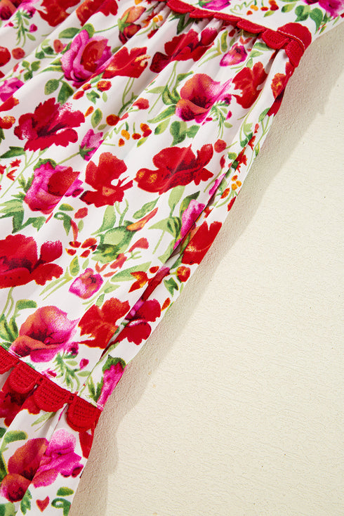Puff Sleeve Tiered Ric Rac Pocketed Mini Floral Dresses