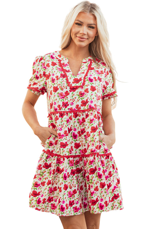 Puff Sleeve Tiered Ric Rac Pocketed Mini Floral Dresses