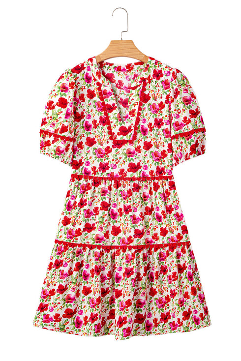 Puff Sleeve Tiered Ric Rac Pocketed Mini Floral Dresses