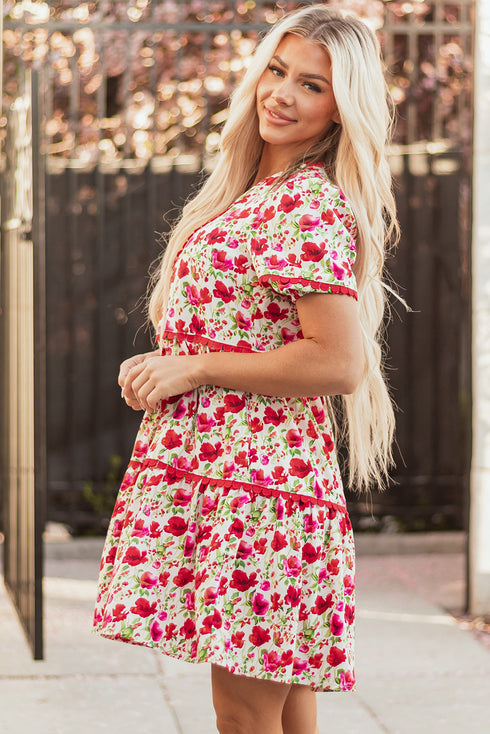 Puff Sleeve Tiered Ric Rac Pocketed Mini Floral Dresses
