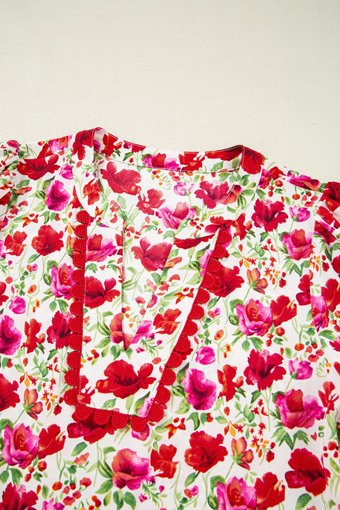 Puff Sleeve Tiered Ric Rac Pocketed Mini Floral Dresses