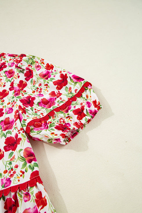 Puff Sleeve Tiered Ric Rac Pocketed Mini Floral Dresses