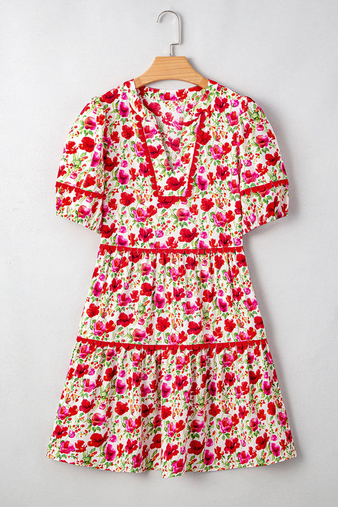 Puff Sleeve Tiered Ric Rac Pocketed Mini Floral Dresses