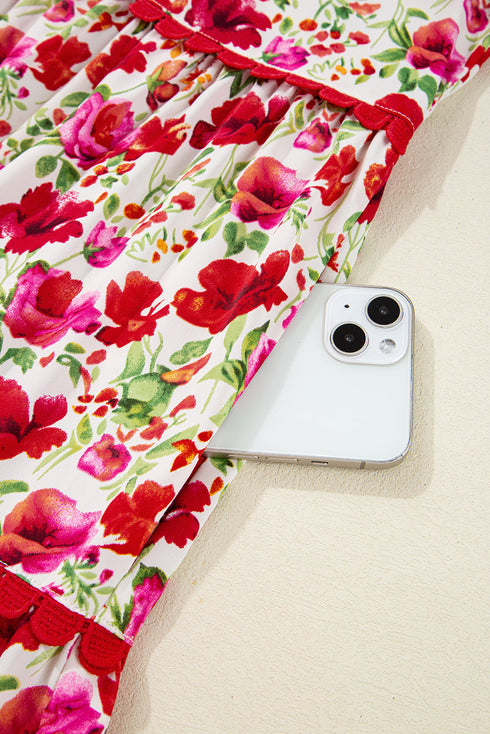 Puff Sleeve Tiered Ric Rac Pocketed Mini Floral Dresses