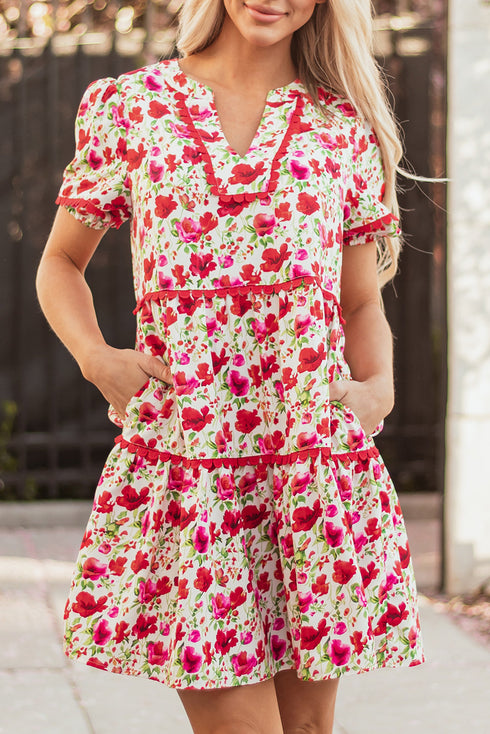 Puff Sleeve Tiered Ric Rac Pocketed Mini Floral Dresses