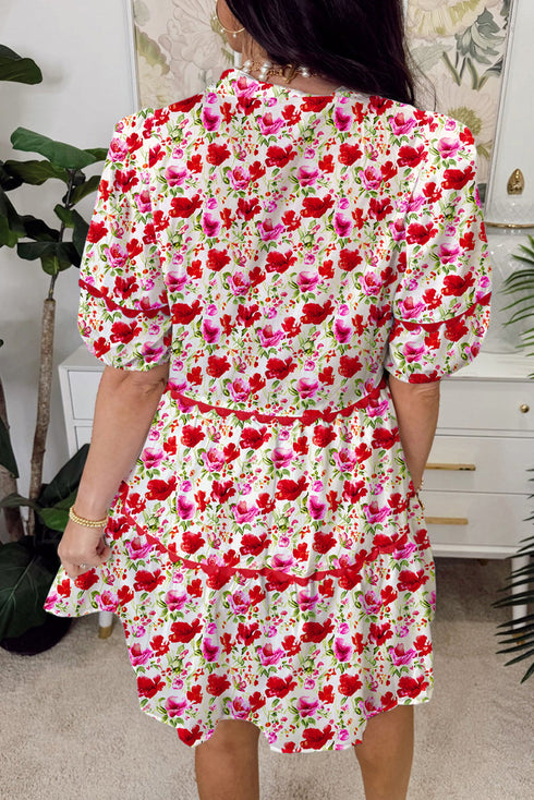 Puff Sleeve Tiered Ric Rac Pocketed Mini Floral Dresses