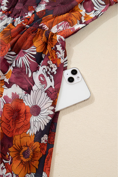 Puff Sleeve Wrap V Neck Flowy Floral Mini Dress