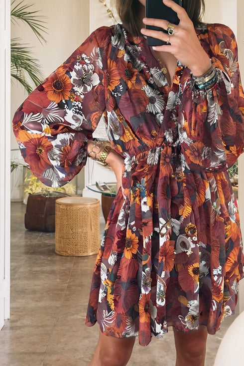 Puff Sleeve Wrap V Neck Flowy Floral Mini Dress