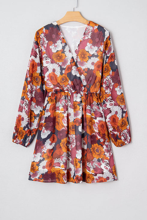 Puff Sleeve Wrap V Neck Flowy Floral Mini Dress
