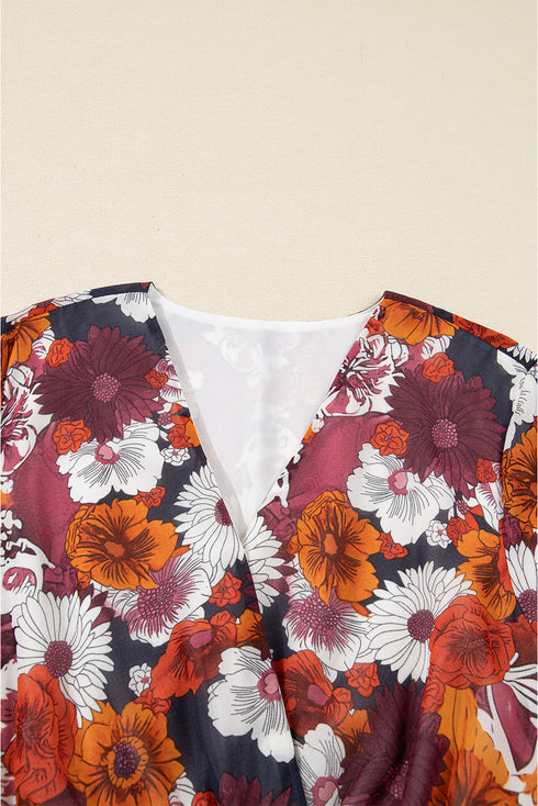 Puff Sleeve Wrap V Neck Flowy Floral Mini Dress