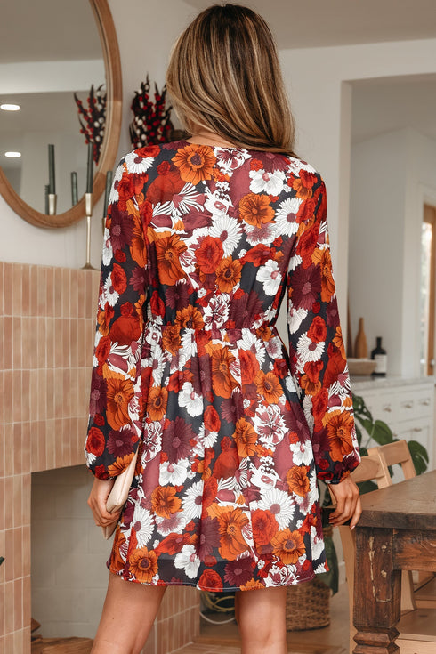 Puff Sleeve Wrap V Neck Flowy Floral Mini Dress