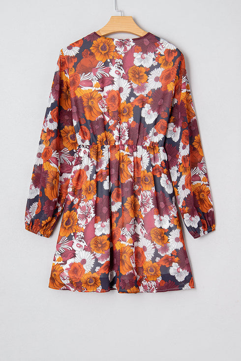 Puff Sleeve Wrap V Neck Flowy Floral Mini Dress