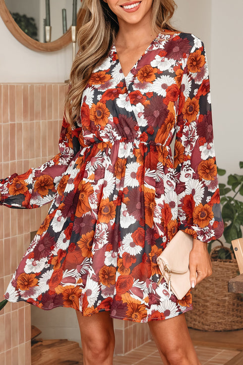 Puff Sleeve Wrap V Neck Flowy Floral Mini Dress