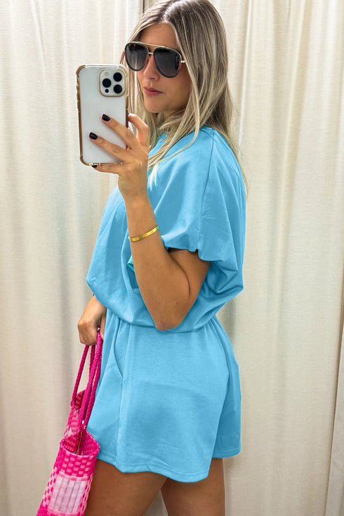 Puffy Loose Top And Drawstring Waist Short Set