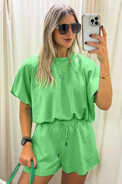 Puffy Loose Top And Drawstring Waist Short Set