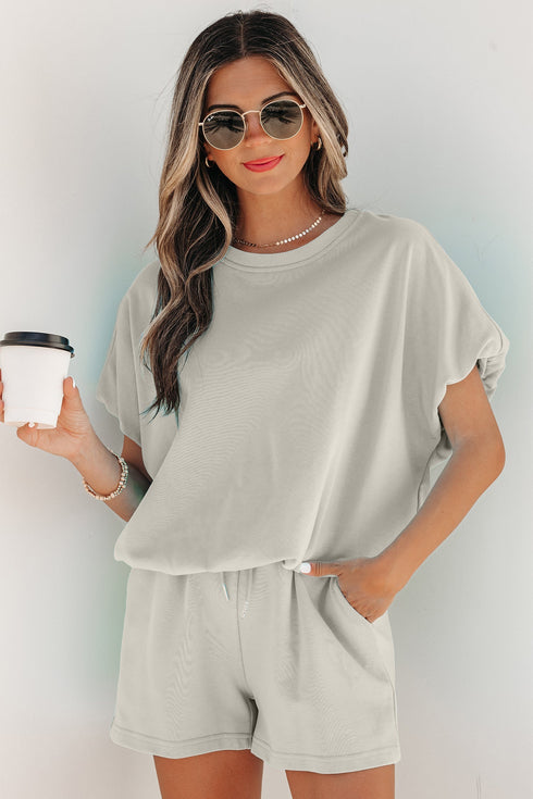 Puffy Loose Top And Drawstring Waist Short Set