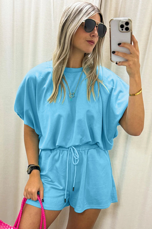Puffy Loose Top And Drawstring Waist Short Set