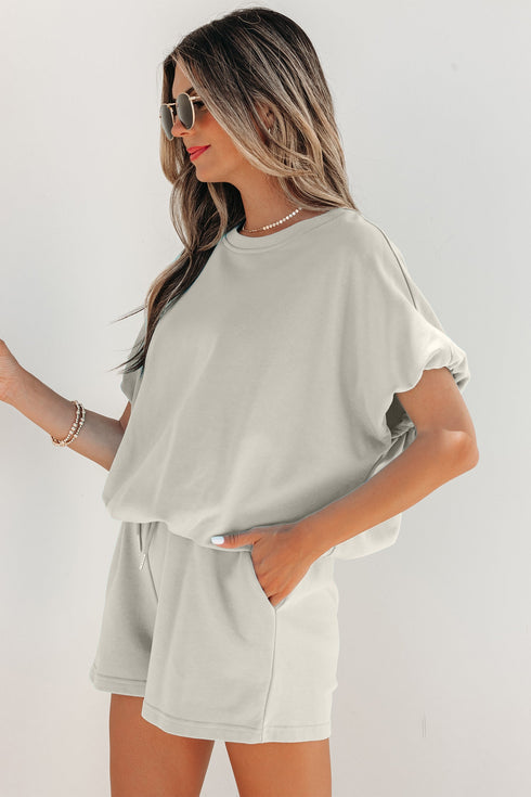 Puffy Loose Top And Drawstring Waist Short Set