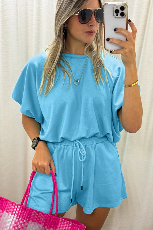 Puffy Loose Top And Drawstring Waist Short Set