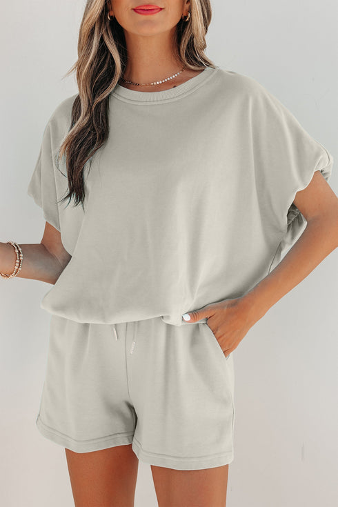 Puffy Loose Top And Drawstring Waist Short Set