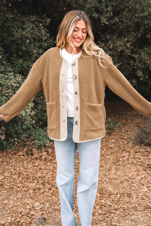 Puffy Plush Sherpa Corduroy Trim Patchwork Jacket