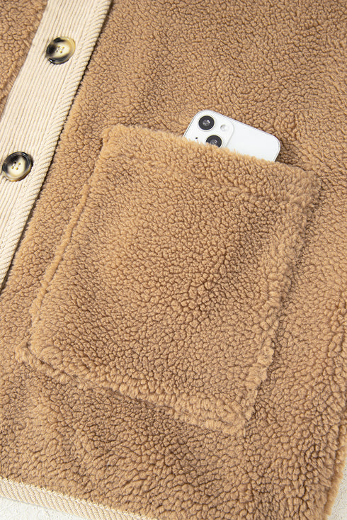 Puffy Plush Sherpa Corduroy Trim Patchwork Jacket