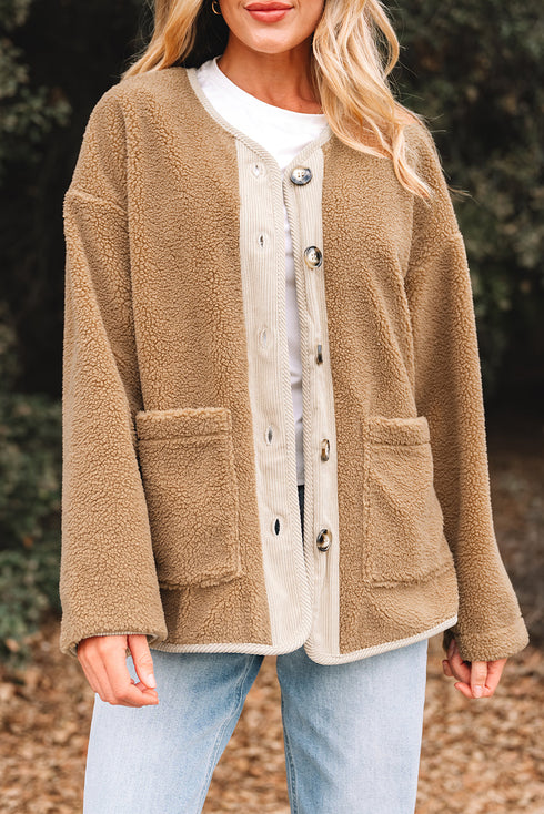Puffy Plush Sherpa Corduroy Trim Patchwork Jacket