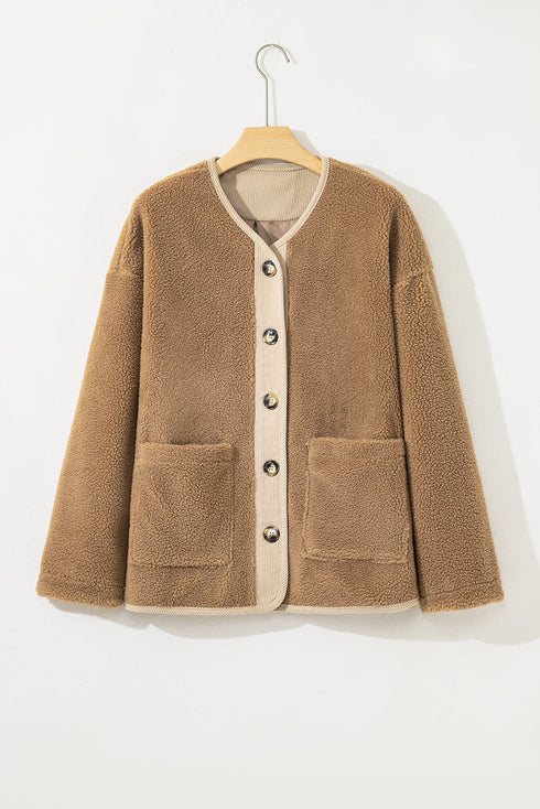 Puffy Plush Sherpa Corduroy Trim Patchwork Jacket