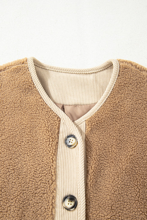 Puffy Plush Sherpa Corduroy Trim Patchwork Jacket