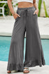 Pull On Elastic High Waist Drawstring Pocket Ruffle Hem Wide Leg Pants