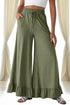 Pull On Elastic High Waist Drawstring Pocket Ruffle Hem Wide Leg Pants