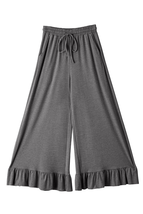Pull On Elastic High Waist Drawstring Pocket Ruffle Hem Wide Leg Pants