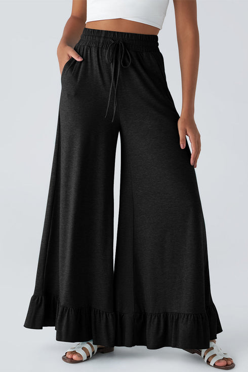 Pull On Elastic High Waist Drawstring Pocket Ruffle Hem Wide Leg Pants