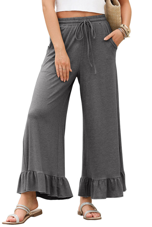 Pull On Elastic High Waist Drawstring Pocket Ruffle Hem Wide Leg Pants