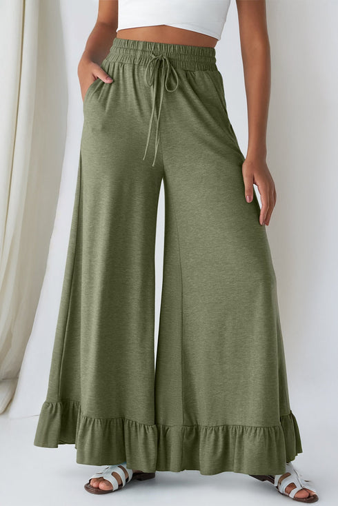 Pull On Elastic High Waist Drawstring Pocket Ruffle Hem Wide Leg Pants