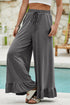 Pull On Elastic High Waist Drawstring Pocket Ruffle Hem Wide Leg Pants