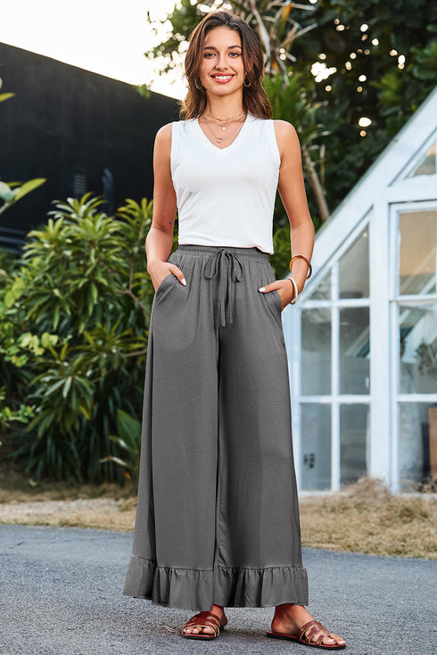 Pull On Elastic High Waist Drawstring Pocket Ruffle Hem Wide Leg Pants