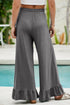 Pull On Elastic High Waist Drawstring Pocket Ruffle Hem Wide Leg Pants